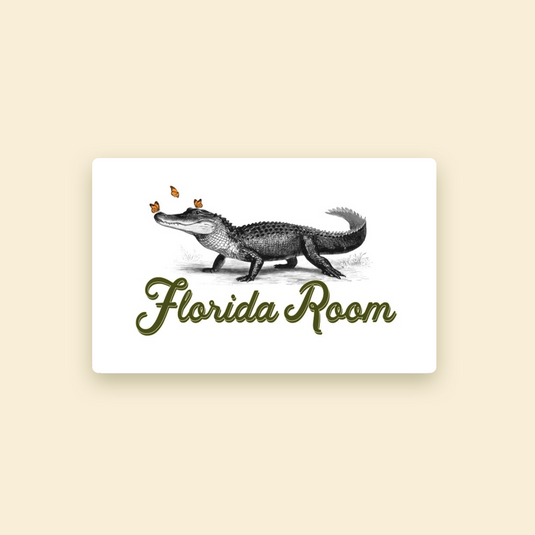 Florida Room gift card featuring illustrated alligator with butterflies and elegant script logo