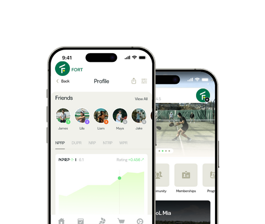 Mobile app screens showing The Fort app interface with profile and pickleball features